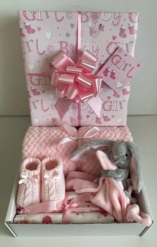 Newborn Baby Girl Gift Hamper | Pink Bunny Gift Basket | Baby Girl Blanket Gift Set | Baby Shower Gift | New Baby Girl Gift