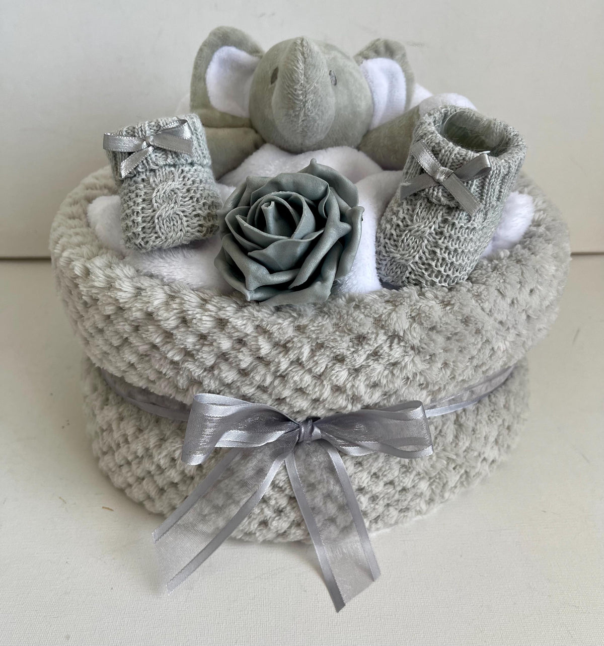 Elephant Nappy Cake | Unisex Baby Shower Gift | Neutral Newborn Baby Gift Set | Elephant Comforter & Blanket
