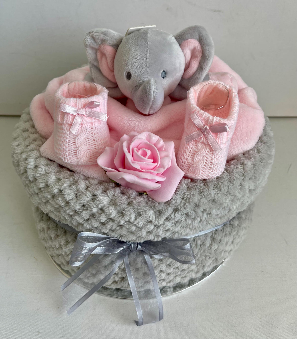 Elephant Nappy Cake for Baby Girl | Baby Shower Gift | Newborn Girl Gift Set | Pink Baby Hamper | New Baby Gift