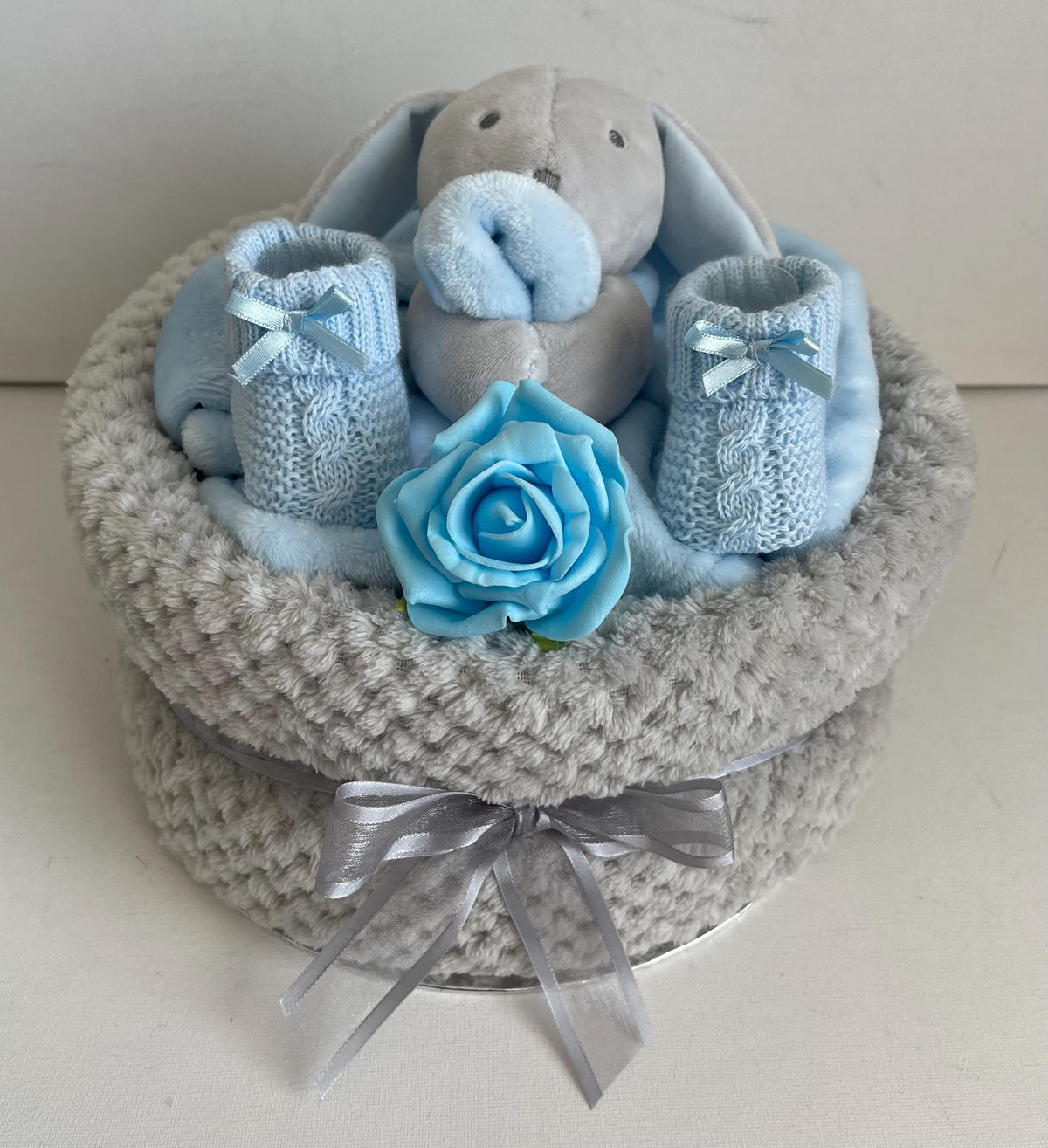 Bunny Nappy Cake for Baby Boy | Baby Shower Gift | Newborn Boy Gift Set | Blue Baby Hamper | New Baby Gift