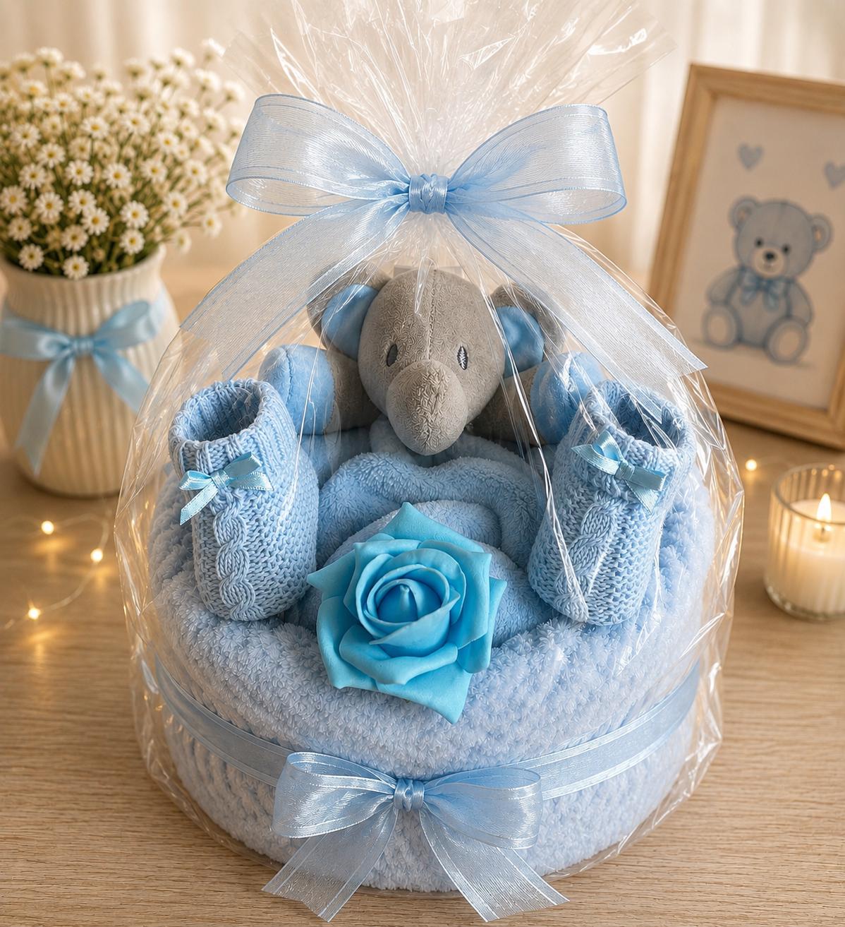 Elephant Nappy Cake, Baby Shower Gift, Newborn Boy Essentials, Comforter, Blanket, Bootees