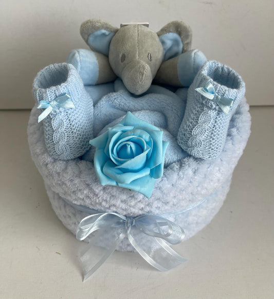 Elephant Nappy Cake, Baby Shower Gift, Newborn Boy Essentials, Comforter, Blanket, Bootees