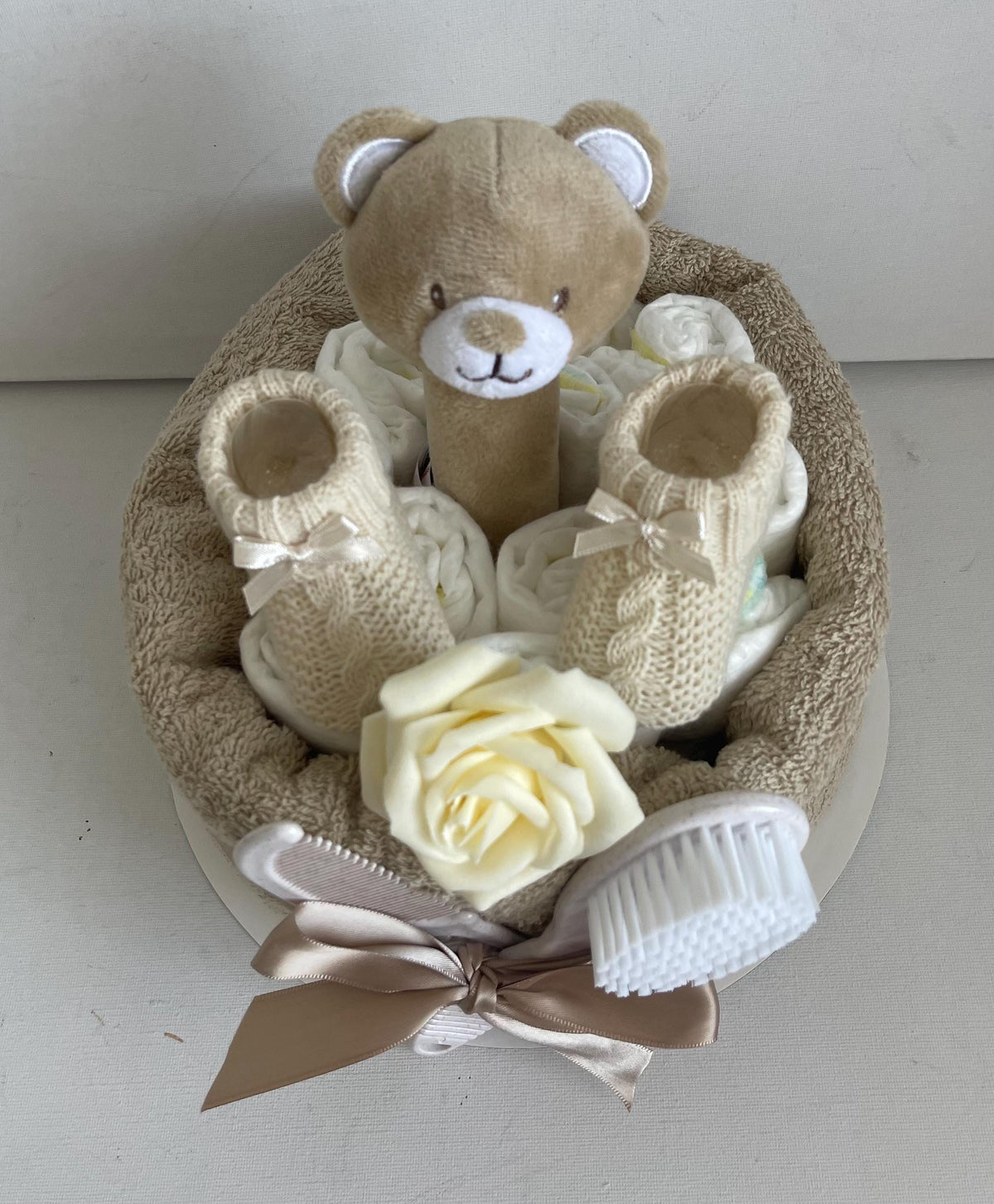 Teddy Bear Nappy Cake | Unisex Baby Shower Gift | Neutral Newborn Gift Set | Baby Rattle & Hooded Towel | New Baby Gift