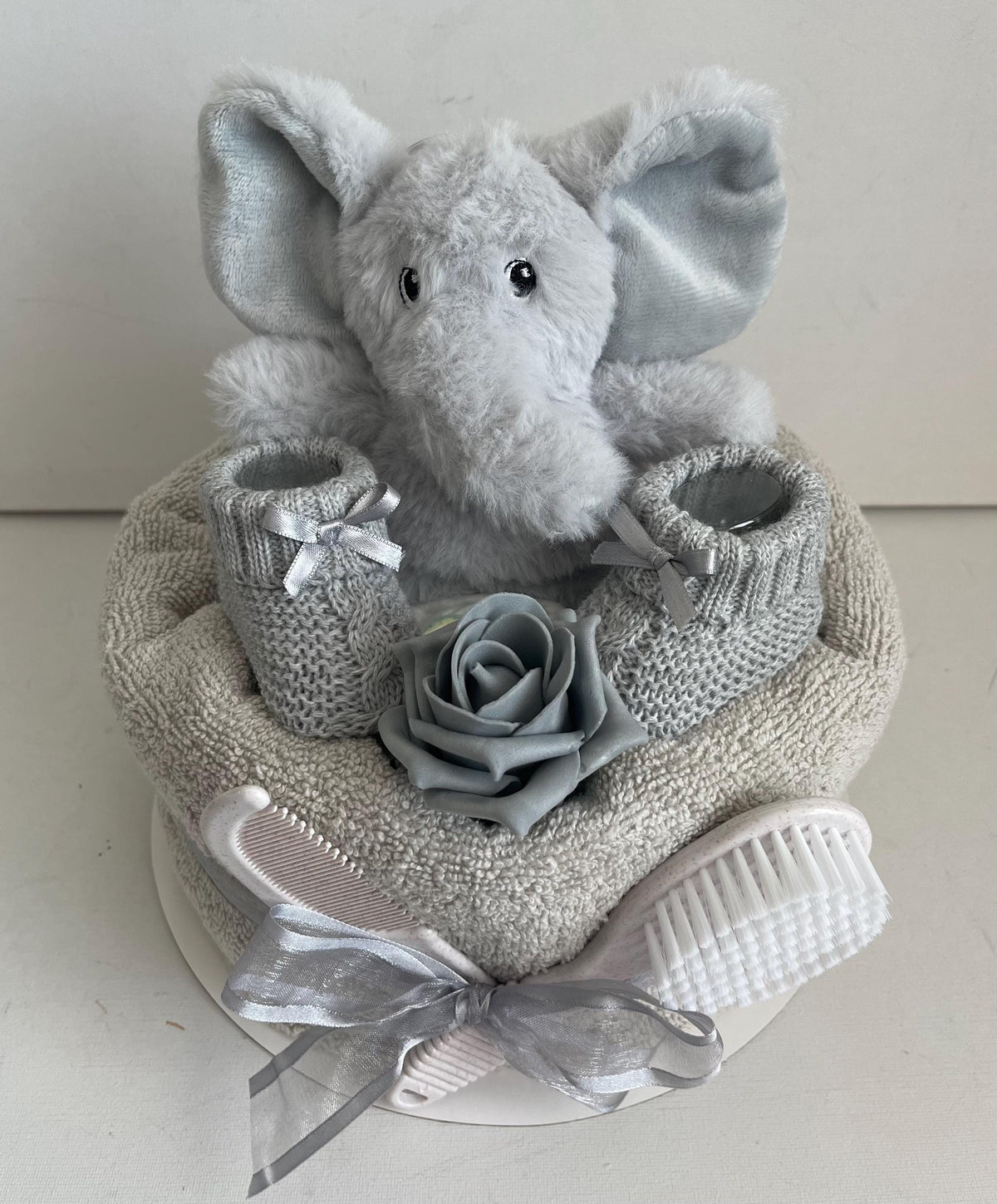 Elephant Nappy Cake Gift Set, Rattle, Hooded Towel, Brush and Comb, Bootees, Baby Shower Newborn Gift