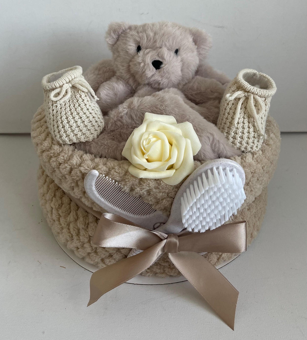 Teddy Bear Nappy Cake, Unisex Baby Shower Gift Set, Comforter, Blanket, Bootees