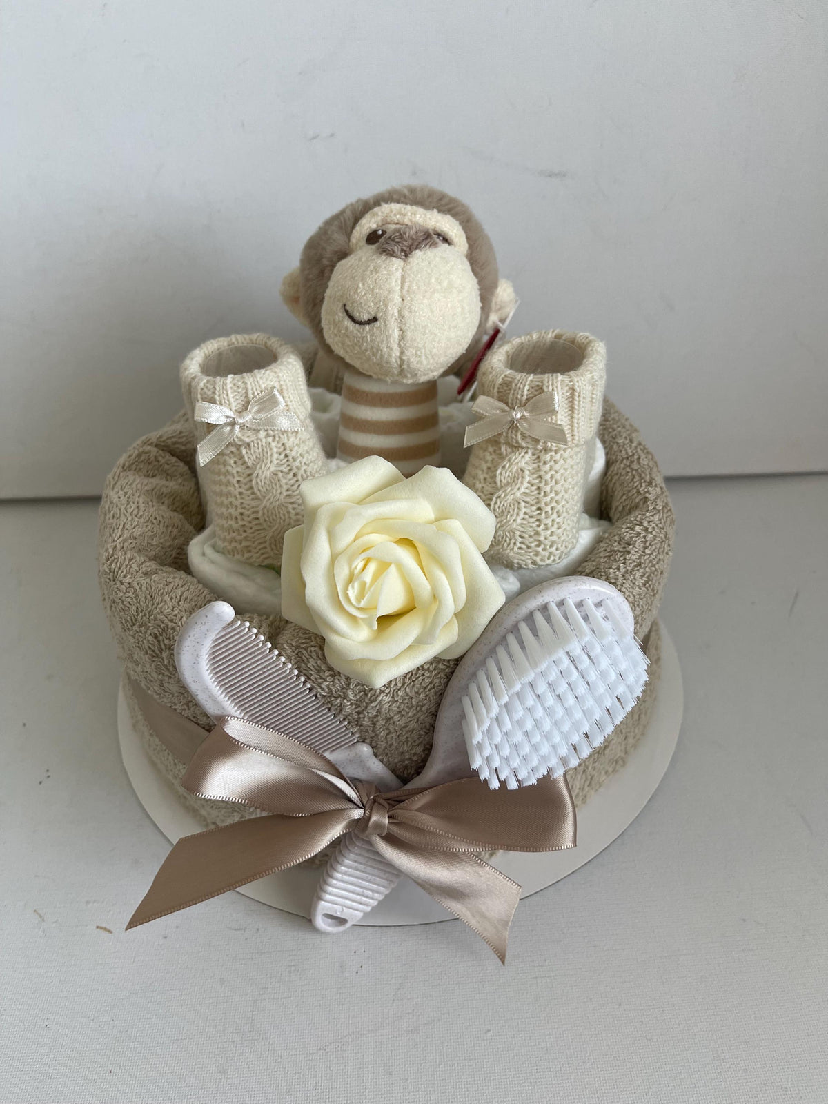 Marcel Monkey Nappy Cake, Baby Shower Gift Set, Rattle, Hooded Towel, Brush and Comb, Bootees