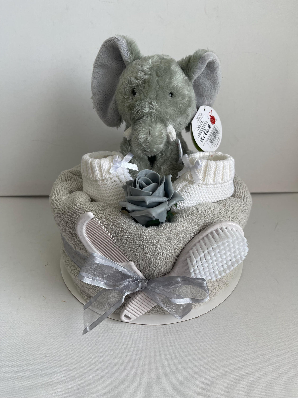 Pippins Elephant Nappy Cake Gift Set, Rattle, Hooded Towel, Brush and Comb, Bootees, Baby Shower Newborn Gift
