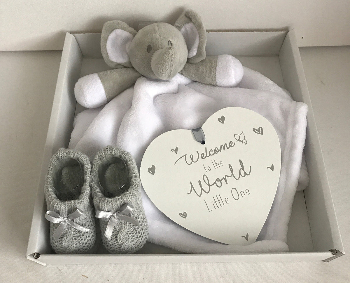 Unisex Baby Gift Hamper: Elephant Comforter, Knit Booties