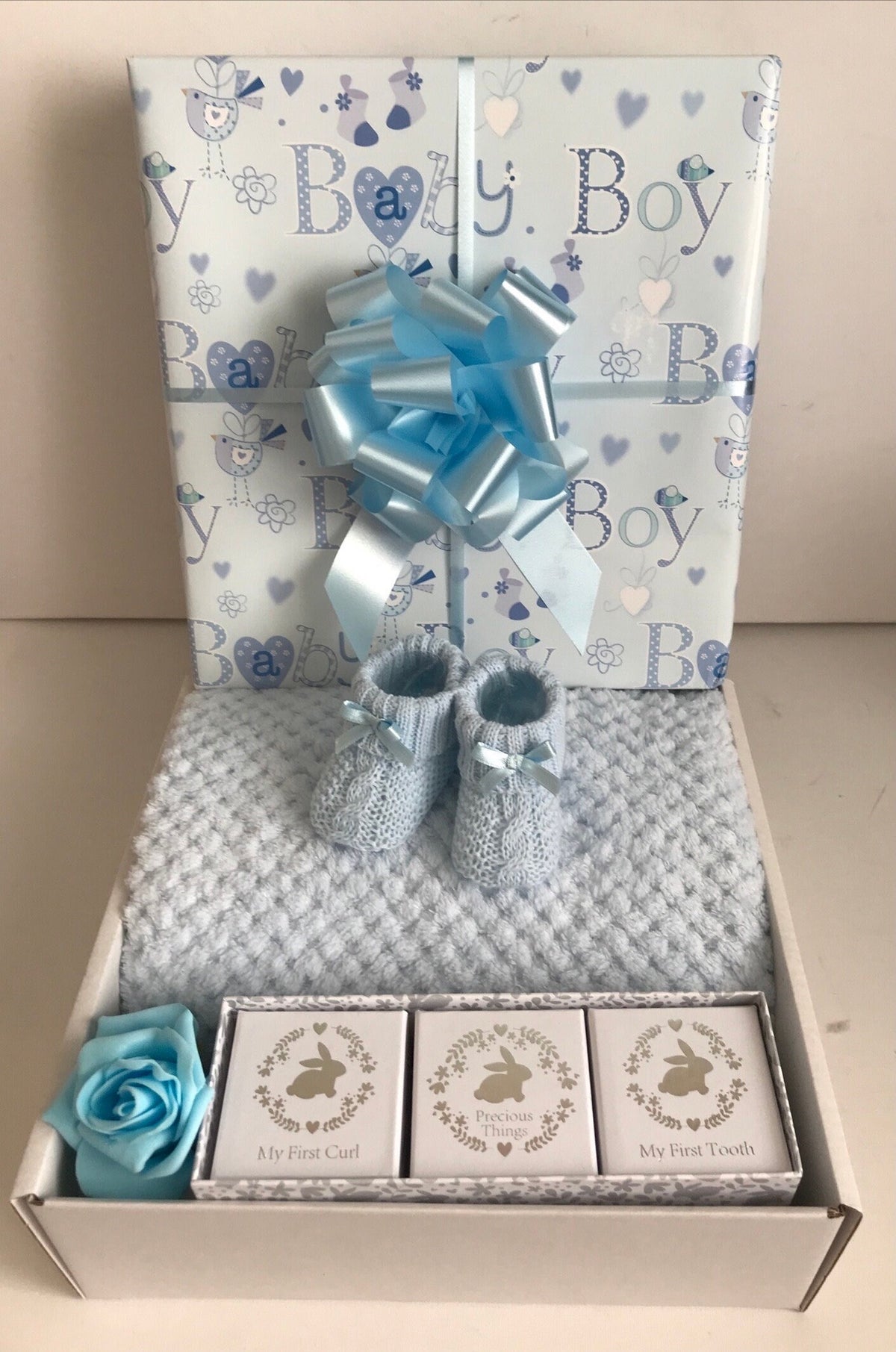Baby Boy Gift Hamper, Blue Waffle Blanket, Knitted Bootees, Keepsake Boxes
