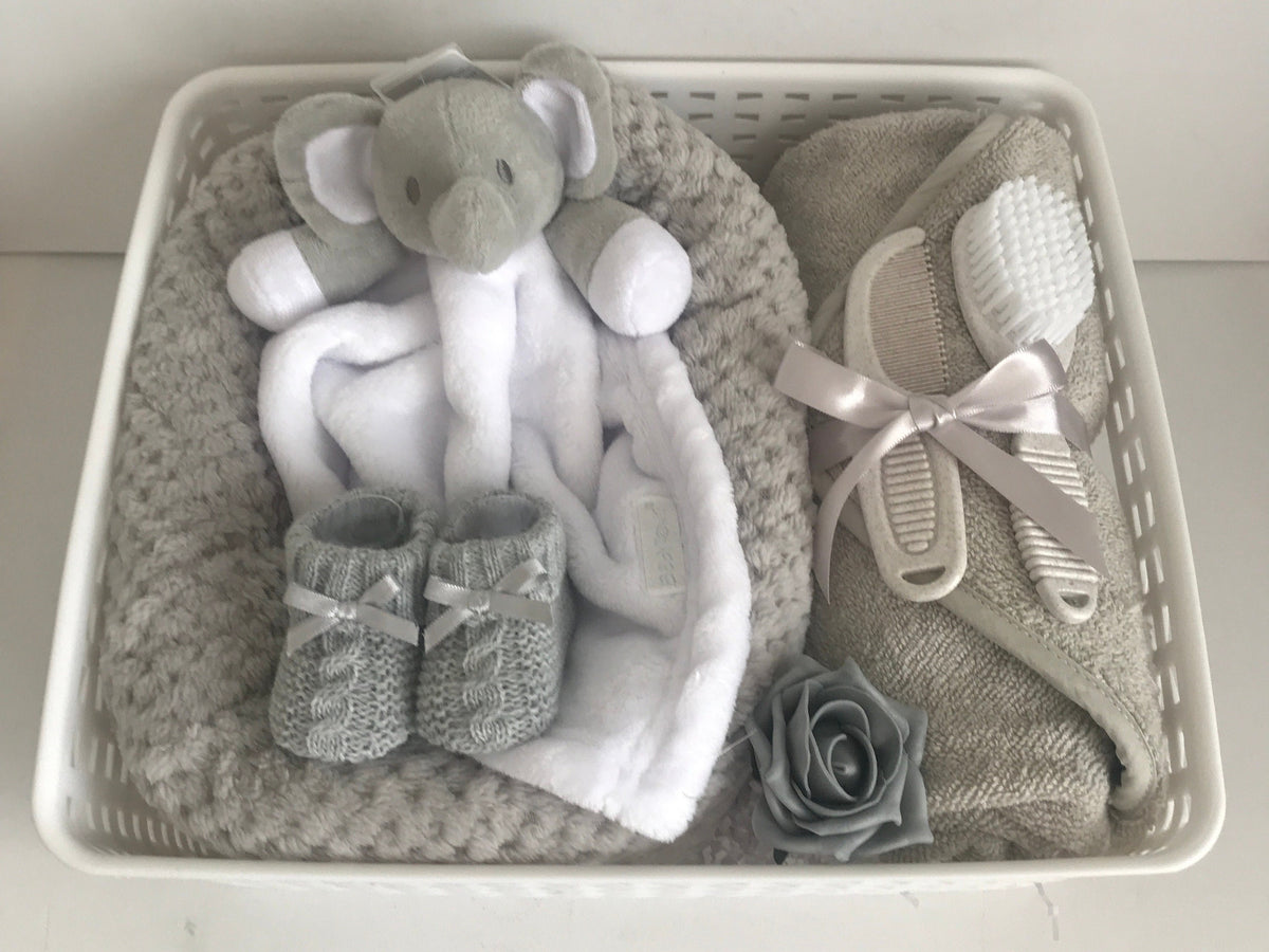 Newborn Baby Hamper Unisex | Neutral Baby Gift Basket | Unisex Baby Shower Gift | Grey New Baby Gift Set | Bunny Hamper