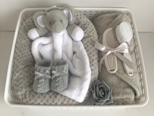 Newborn Baby Hamper Unisex | Neutral Baby Gift Basket | Unisex Baby Shower Gift | Grey New Baby Gift Set | Bunny Hamper