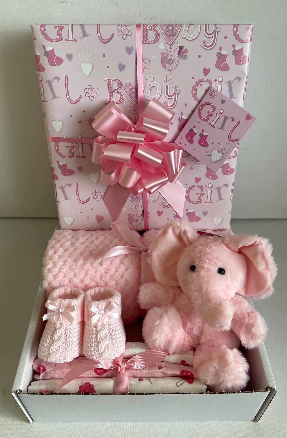 Pink Baby Hamper | Newborn Baby Girl Gift Basket | Elephant & Waffle Blanket Gift Set | Baby Shower Gift | New Baby Girl Gift