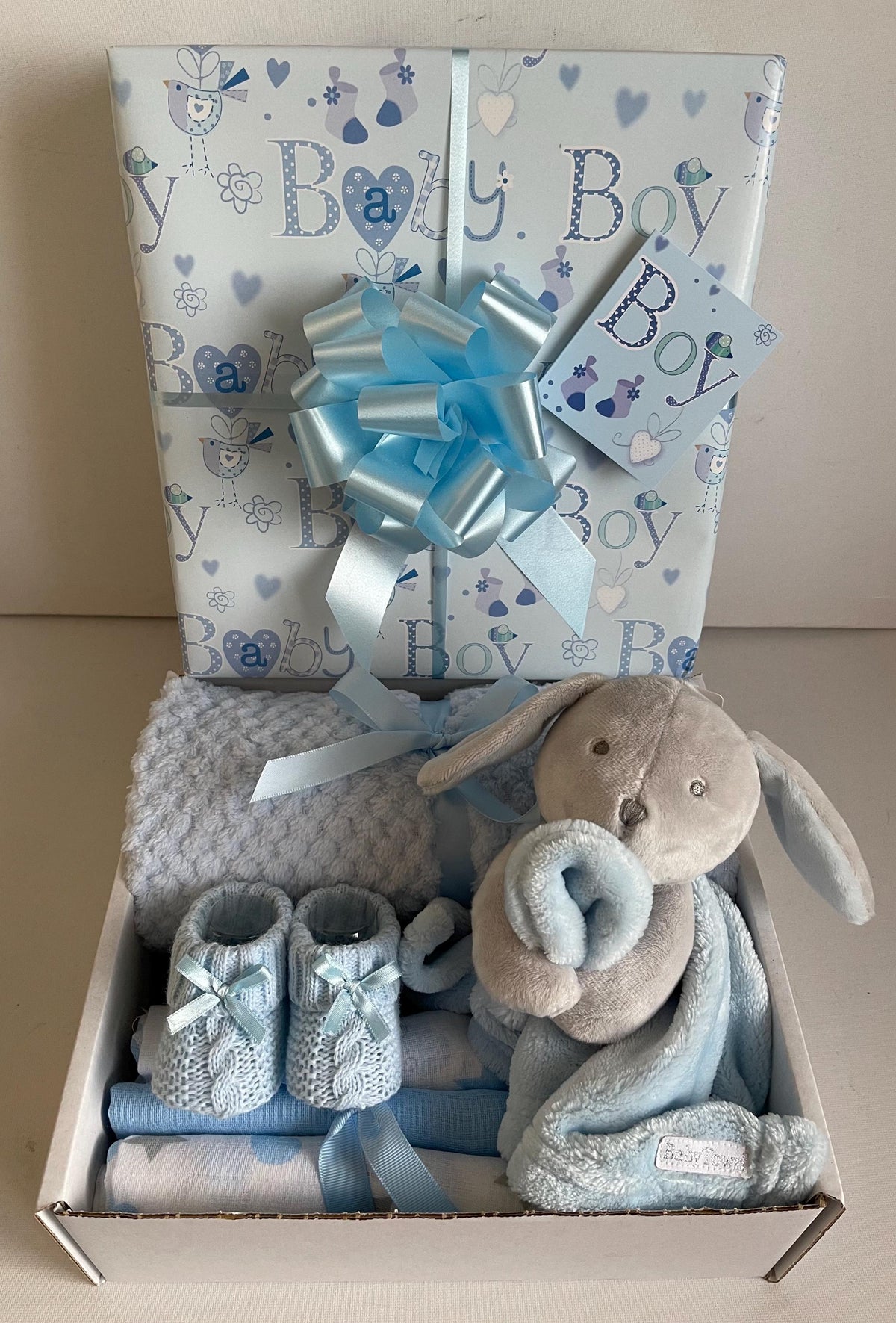 Baby Boy Hamper Box | Newborn Boy Gift Set | Blue Bunny Baby Hamper | New Baby Gift Basket | Baby Shower Gift