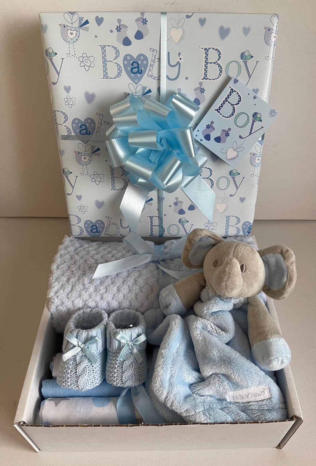 Newborn Baby Boy Gift Hamper | Blue Elephant Gift Basket | Baby Boy Blanket Gift Set | Baby Shower Gift | New Baby Boy Gift