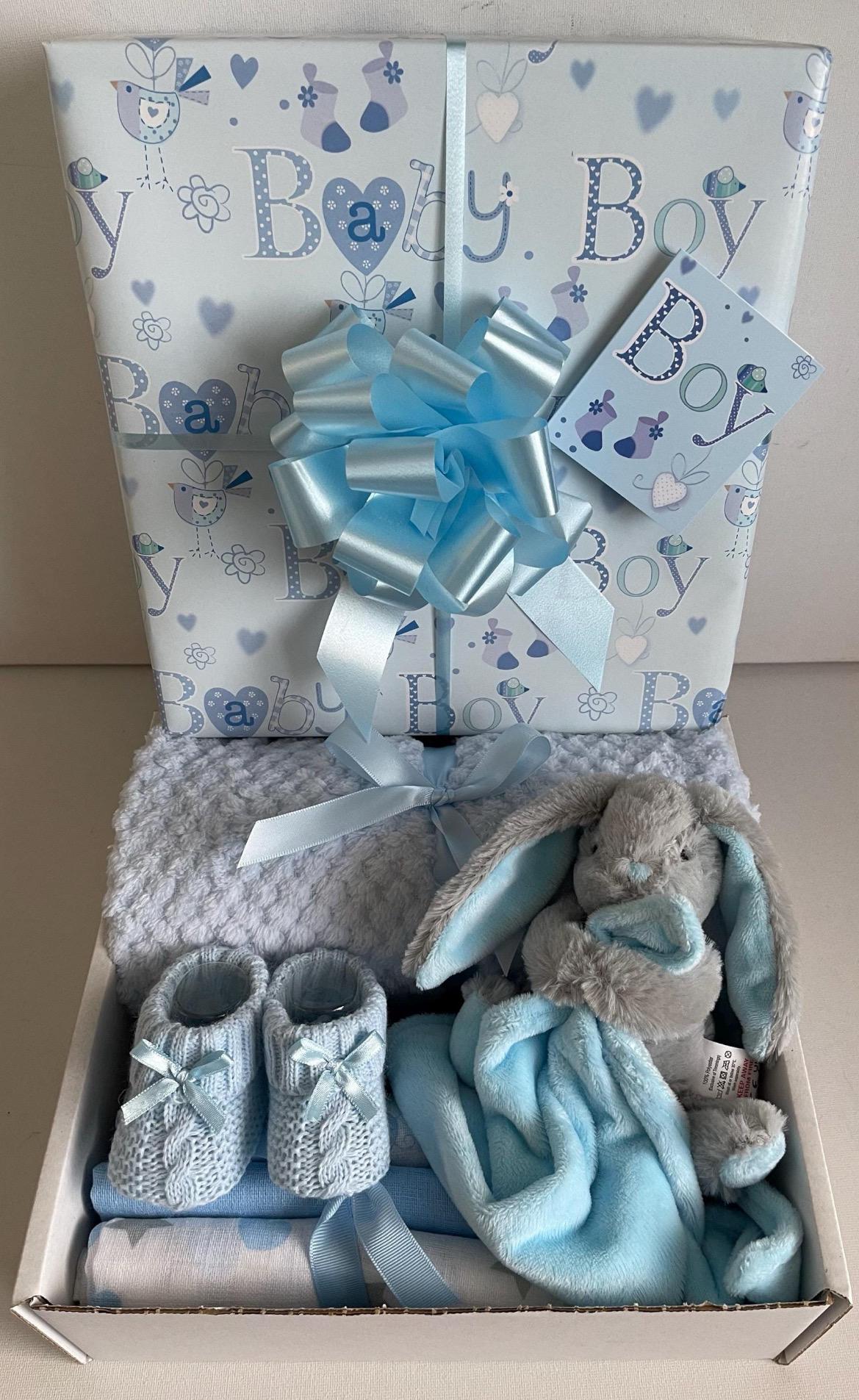 Baby Boy Blanket Gift Hamper | Blue Bunny Gift Basket | Newborn Baby Boy Gift Set | Baby Shower Gift | New Baby Boy Hamper