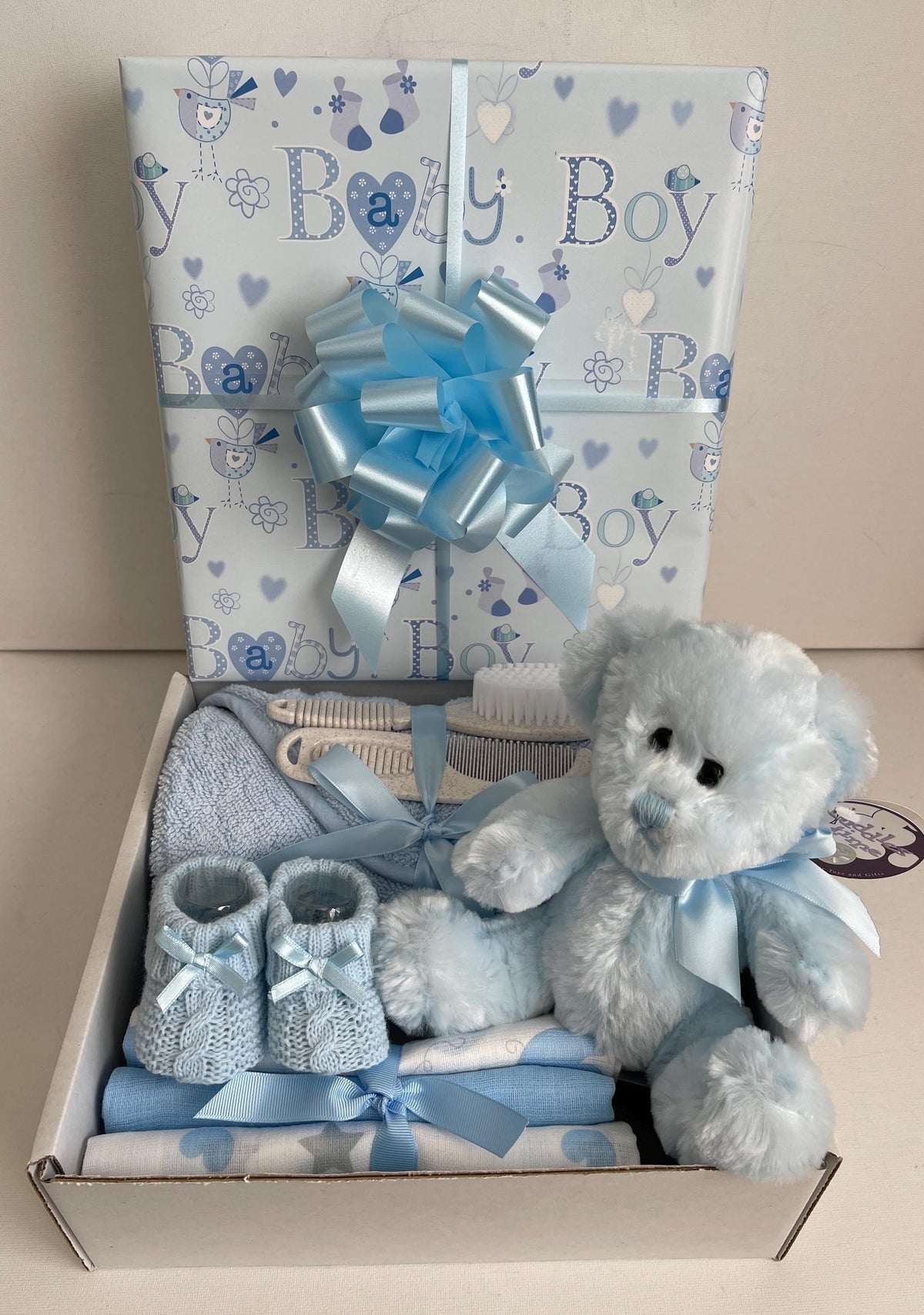 Teddy Bear Baby Boy Hamper | Newborn Boy Gift Basket | Baby Shower Gift Set | Blue Baby Gift | New Baby Boy Present