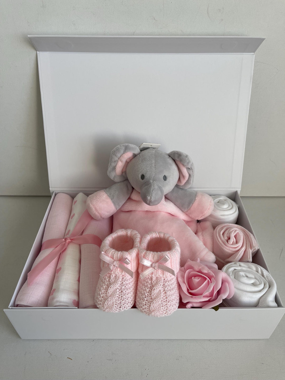 New Baby Girl Gift Box | Pink Elephant Baby Hamper | Newborn Girl Gift Set | Baby Shower Gift | Muslin & Bodysuit Set
