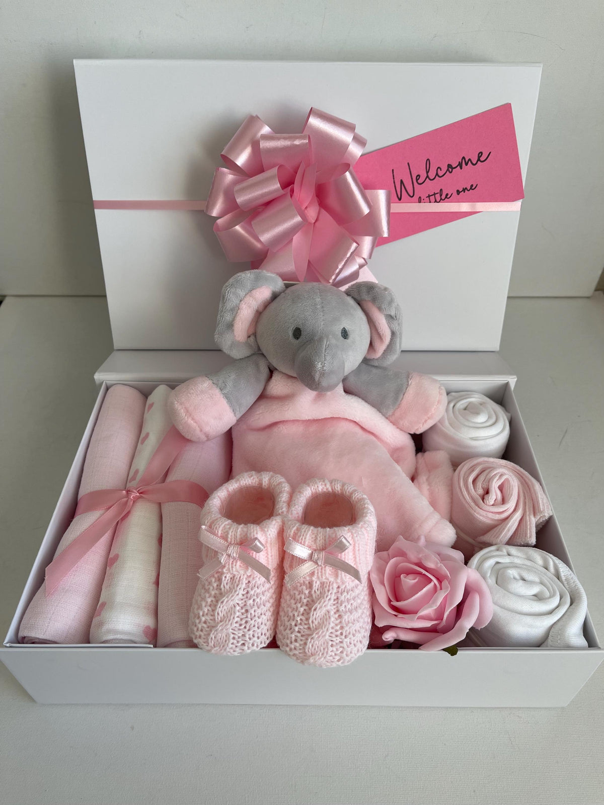 New Baby Girl Gift Box | Pink Elephant Baby Hamper | Newborn Girl Gift Set | Baby Shower Gift | Muslin & Bodysuit Set