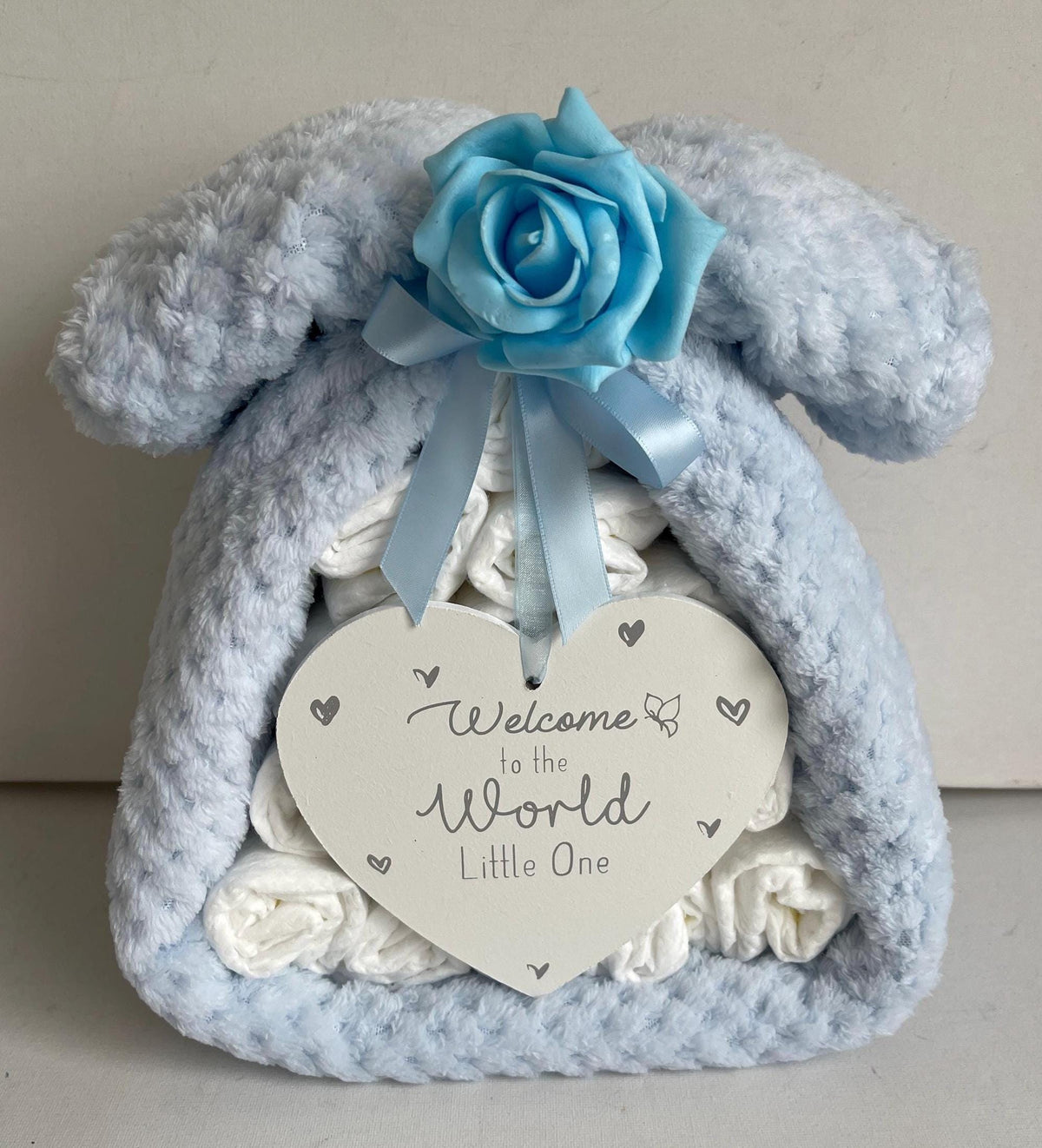 Baby Boy Nappy Cake with Waffle Blanket and Welcome Plaque