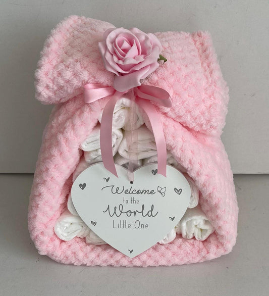 Baby Girl Nappy Cake, Pink Waffle Blanket, Welcome Plaque Gift