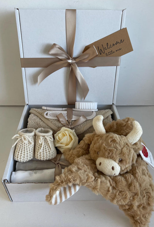Highland Cow Baby Gift Hamper | Unisex Newborn Gift Basket | Neutral Baby Shower Gift | New Baby Gift Set | Hamish Cow