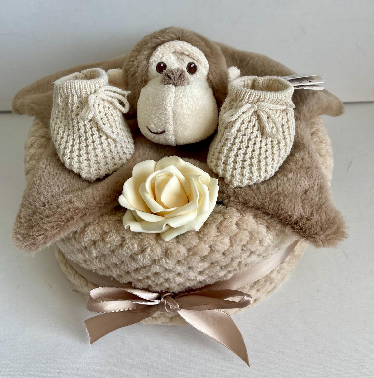 Monkey Nappy Cake | Unisex Baby Shower Gift | Newborn Baby Gift Set | Neutral Baby Hamper | Marcel Monkey Gift