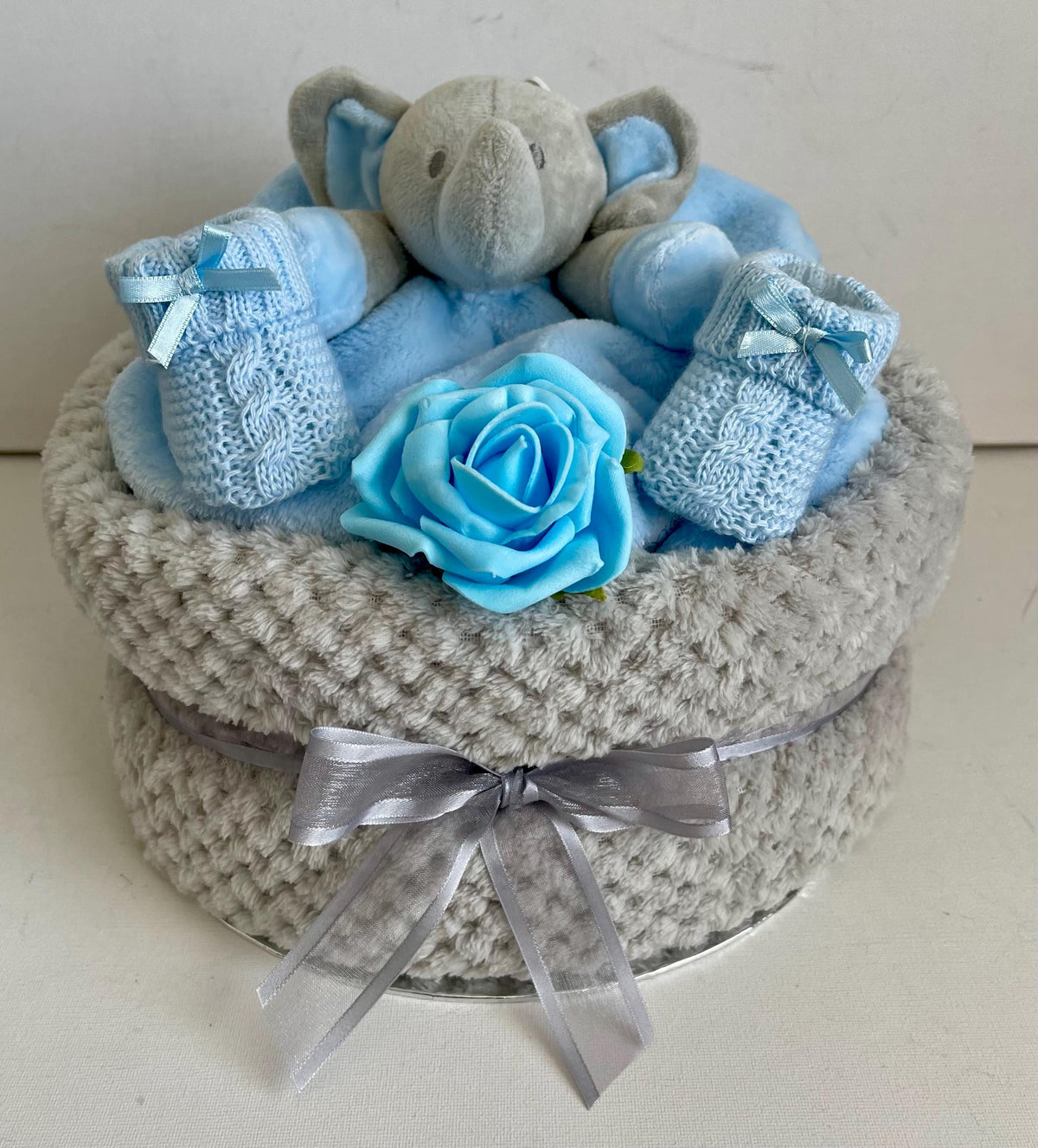 Elephant Nappy Cake for Baby Boy | Newborn Boy Gift Set | Baby Shower Gift | Blue Baby Hamper | New Baby Gift