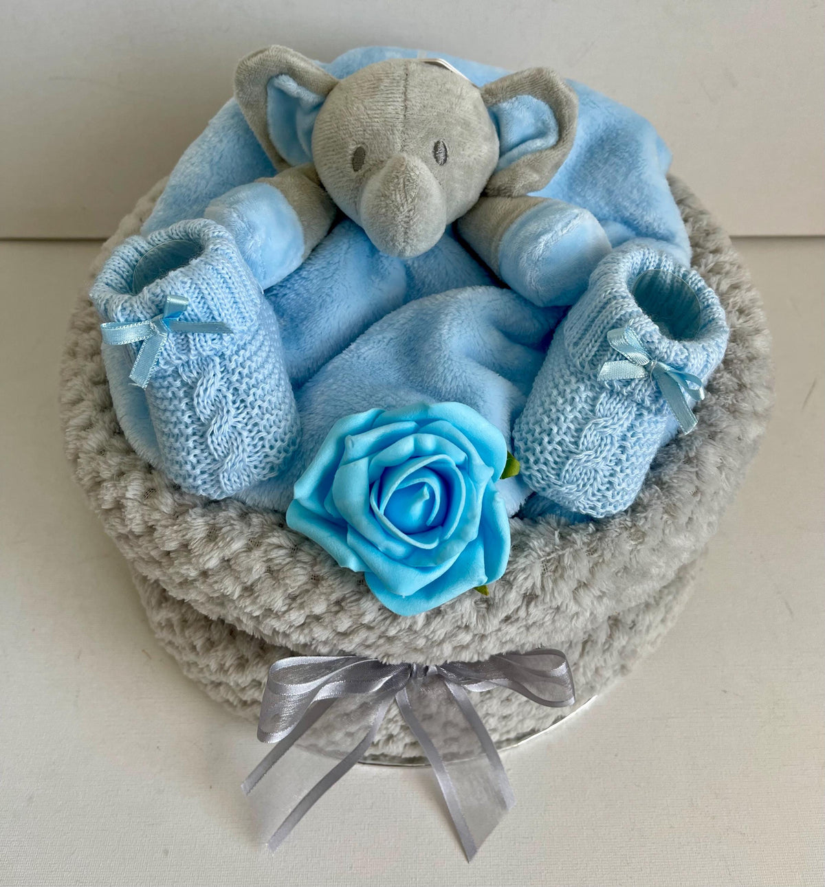Elephant Nappy Cake for Baby Boy | Newborn Boy Gift Set | Baby Shower Gift | Blue Baby Hamper | New Baby Gift