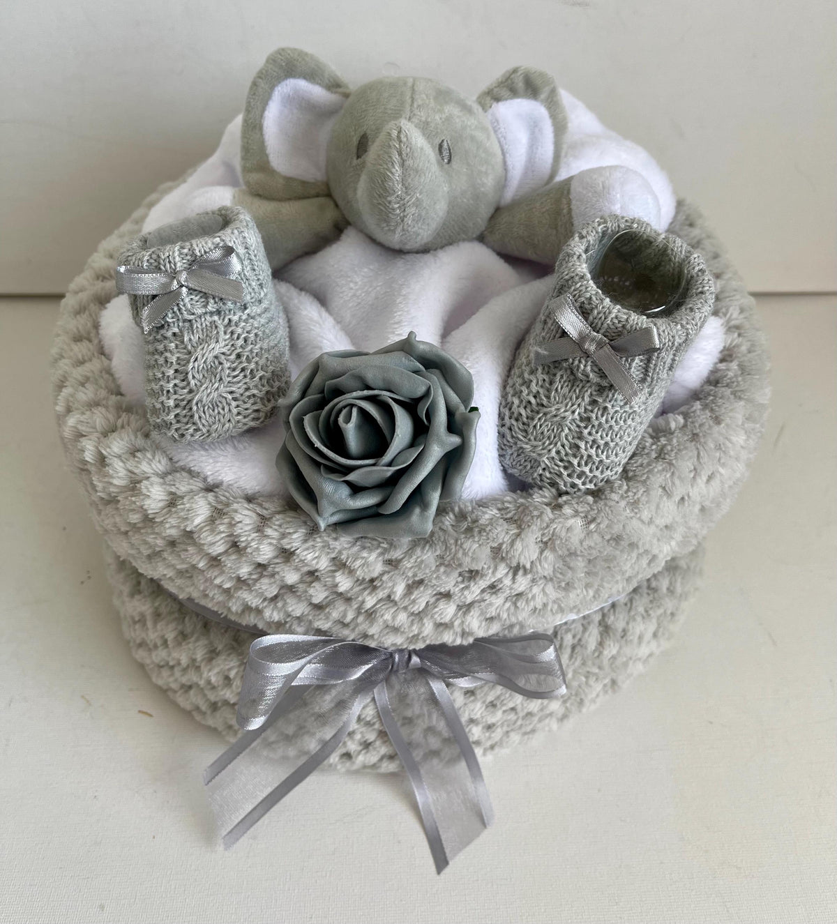 Elephant Nappy Cake | Unisex Baby Shower Gift | Neutral Newborn Baby Gift Set | Elephant Comforter & Blanket