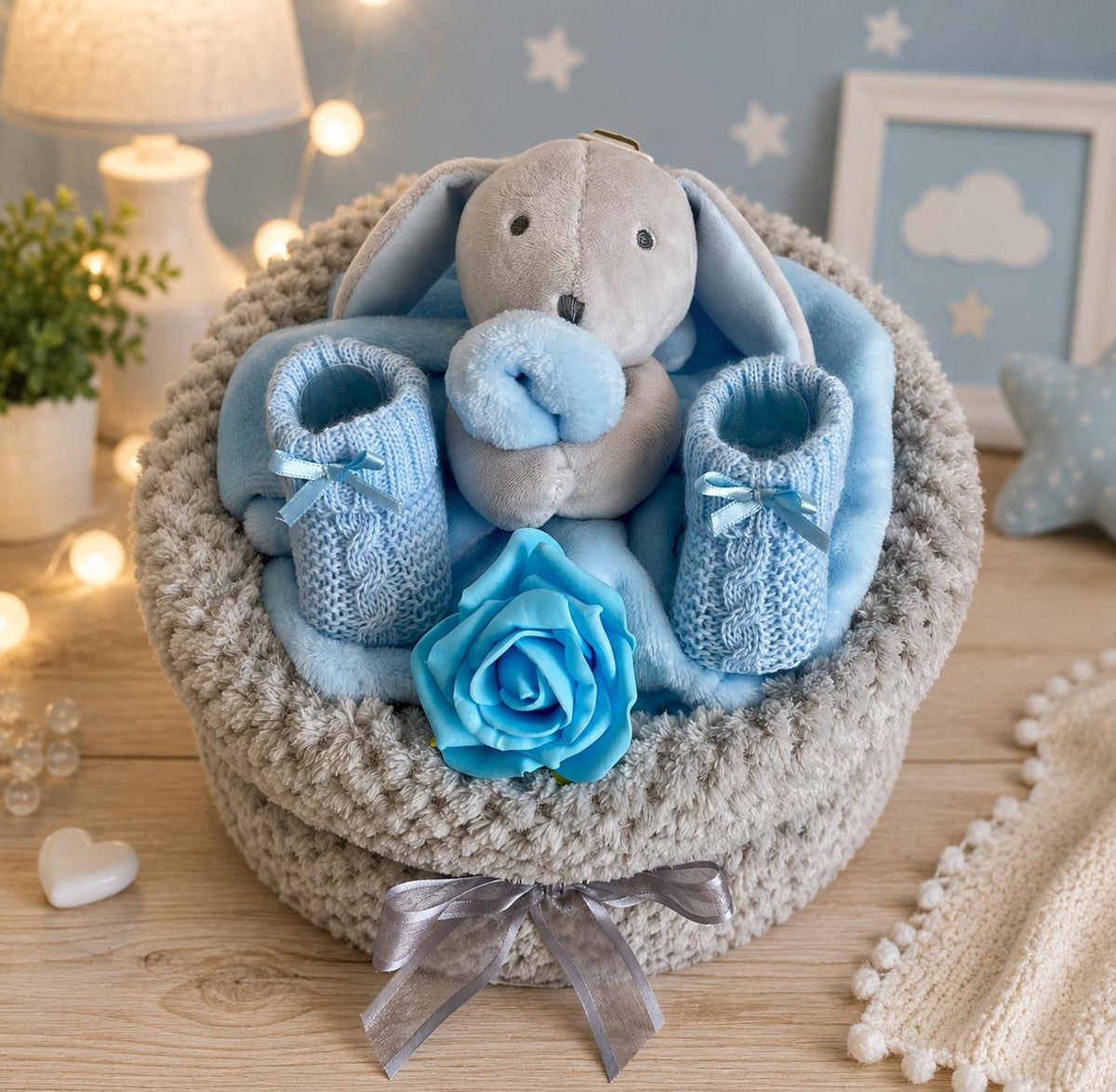 Bunny Nappy Cake for Baby Boy | Baby Shower Gift | Newborn Boy Gift Set | Blue Baby Hamper | New Baby Gift