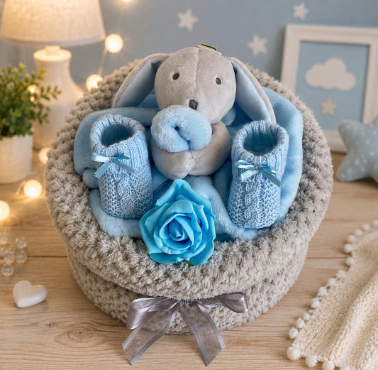 Bunny Nappy Cake for Baby Boy | Baby Shower Gift | Newborn Boy Gift Set | Blue Baby Hamper | New Baby Gift
