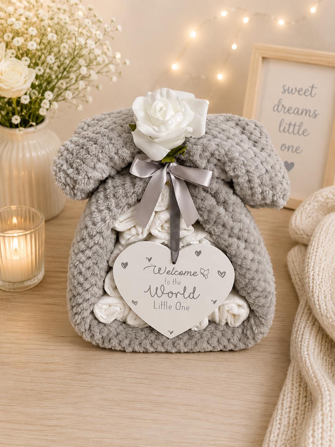 Neutral Nappy Cake with Waffle Blanket and Heart Plaque, Baby Shower Gift