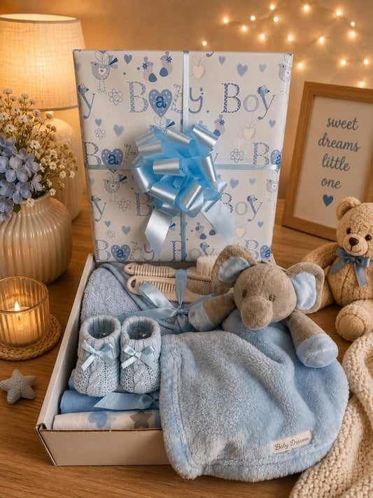 Blue Elephant Baby Boy Hamper | Newborn Boy Gift Basket | Baby Shower Gift Set | New Baby Boy Gift | Baby Hamper