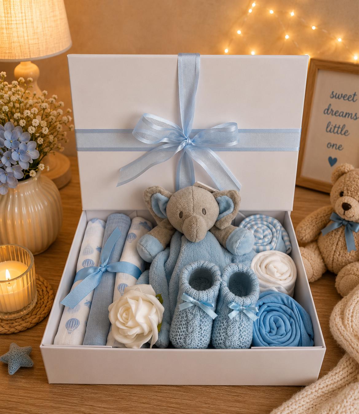 Baby Boy Gift Box | Newborn Baby Gift Set | Blue Elephant Baby Hamper | Baby Shower Gift | New Baby Boy Present