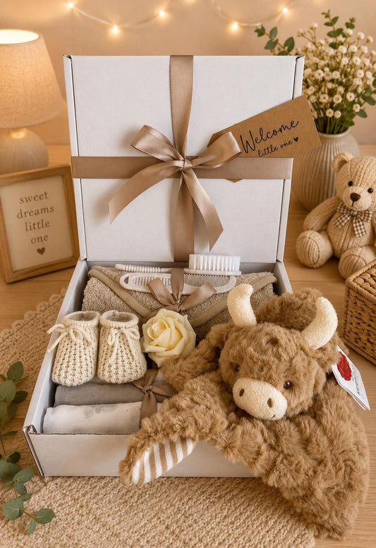 Highland Cow Baby Gift Hamper | Unisex Newborn Gift Basket | Neutral Baby Shower Gift | New Baby Gift Set | Hamish Cow