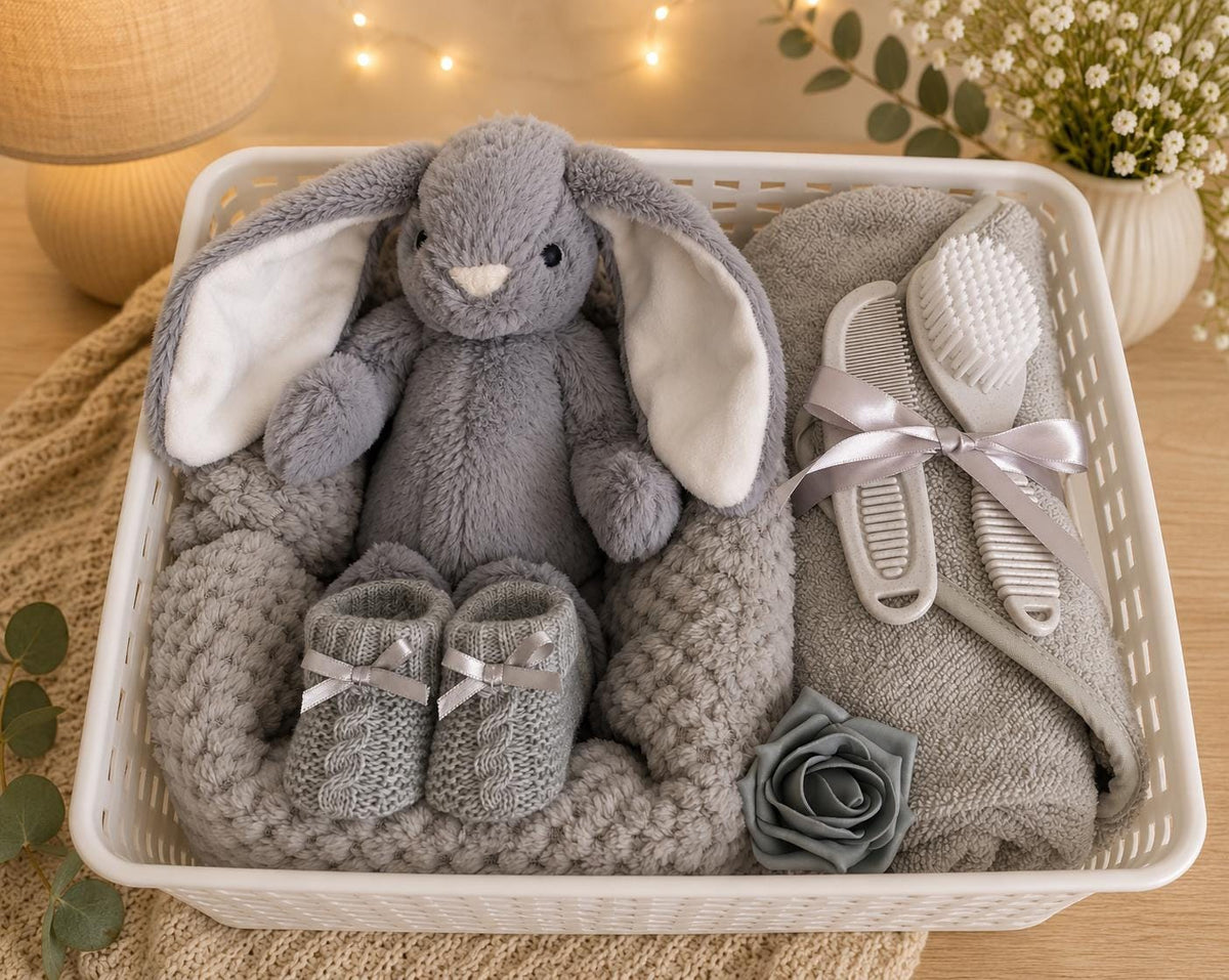 Neutral Newborn Baby Gift Basket | Unisex Baby Hamper | Baby Shower Gift Set | Grey New Baby Gift | Maternity Gift