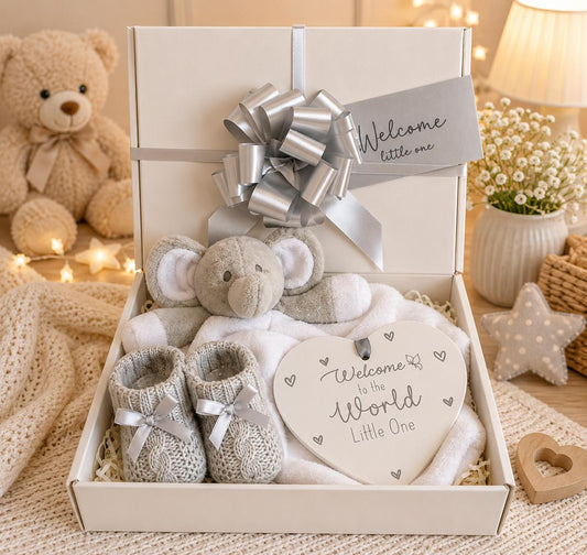 Unisex Baby Gift Hamper: Elephant Comforter, Knit Booties