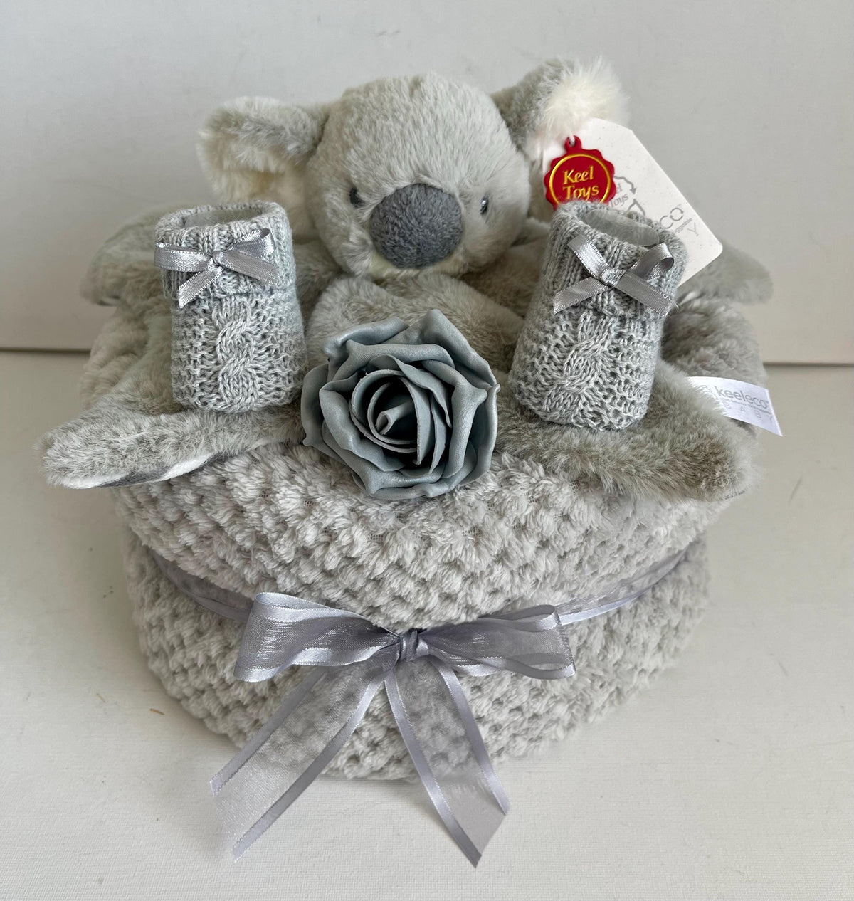 Koala Nappy Cake | Unisex Baby Shower Gift | Neutral Newborn Gift Set | Baby Blanket & Comforter | New Baby Gift