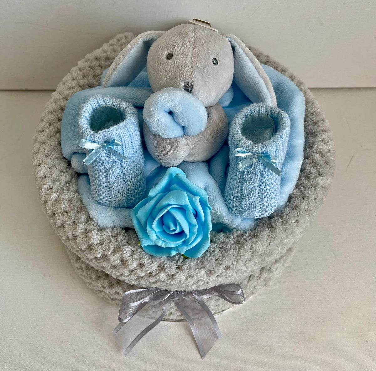Bunny Nappy Cake for Baby Boy | Baby Shower Gift | Newborn Boy Gift Set | Blue Baby Hamper | New Baby Gift