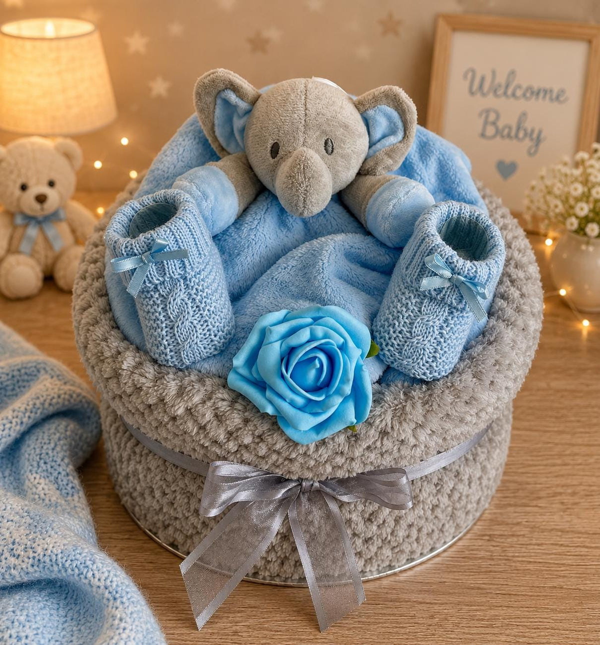 Elephant Nappy Cake for Baby Boy | Newborn Boy Gift Set | Baby Shower Gift | Blue Baby Hamper | New Baby Gift