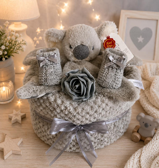 Koala Nappy Cake | Unisex Baby Shower Gift | Neutral Newborn Gift Set | Baby Blanket & Comforter | New Baby Gift