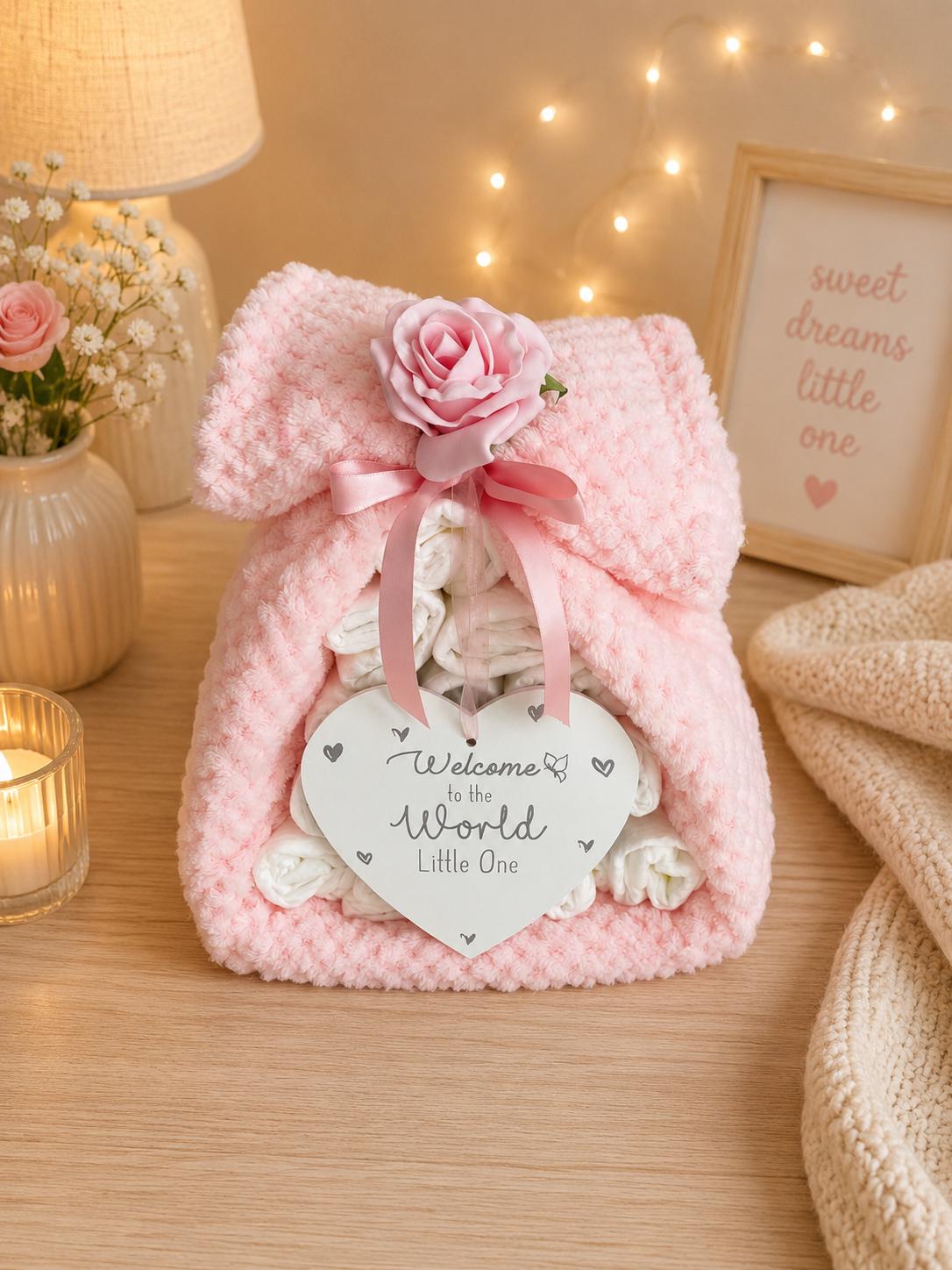 Baby Girl Nappy Cake, Pink Waffle Blanket, Welcome Plaque Gift