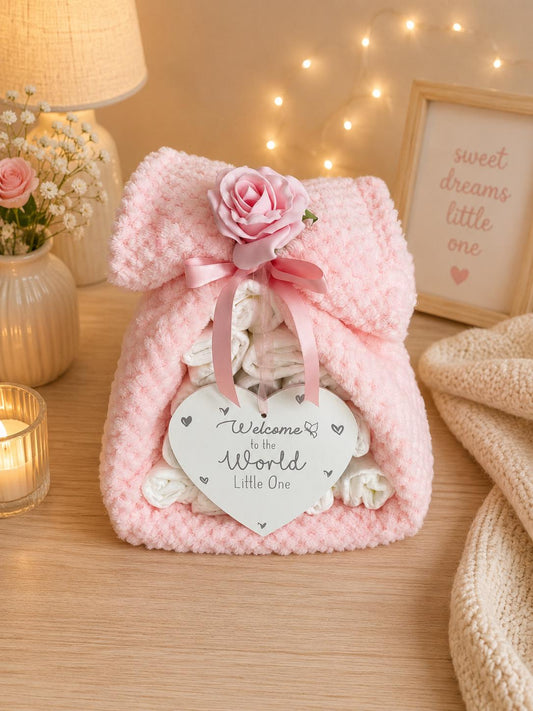 Baby Girl Nappy Cake, Pink Waffle Blanket, Welcome Plaque Gift
