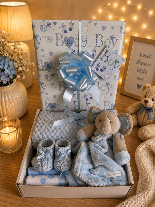 Newborn Baby Boy Gift Hamper | Blue Elephant Gift Basket | Baby Boy Blanket Gift Set | Baby Shower Gift | New Baby Boy Gift