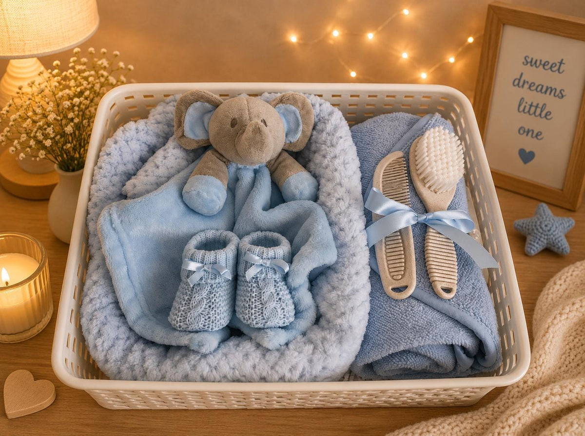 Newborn Boy Gift Basket | Baby Boy Hamper Set | New Baby Hamper Basket | Baby Shower Gift | Blue Bunny Baby Gift