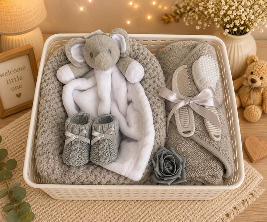 Newborn Baby Hamper Unisex | Neutral Baby Gift Basket | Unisex Baby Shower Gift | Grey New Baby Gift Set | Bunny Hamper