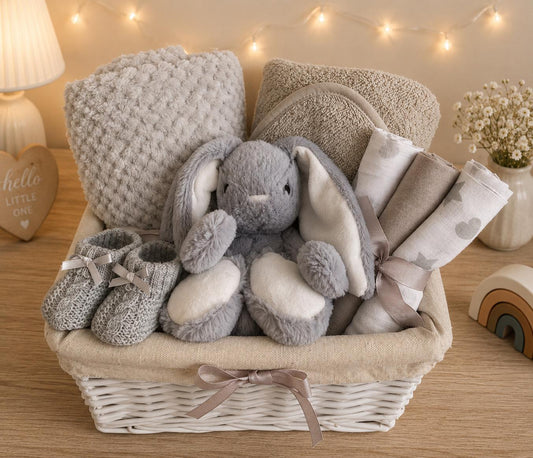 Neutral Baby Gift Hamper | Newborn Baby Gift Basket | Unisex Baby Shower Gift | Luxury Wicker Baby Hamper