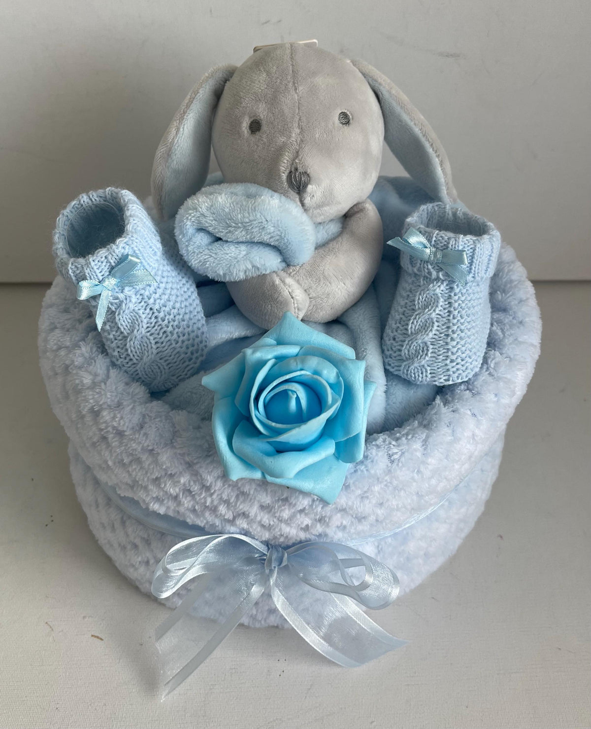 Bunny Nappy Cake, Baby Shower Gift, Newborn Boy Essentials, Comforter, Blanket, Bootees