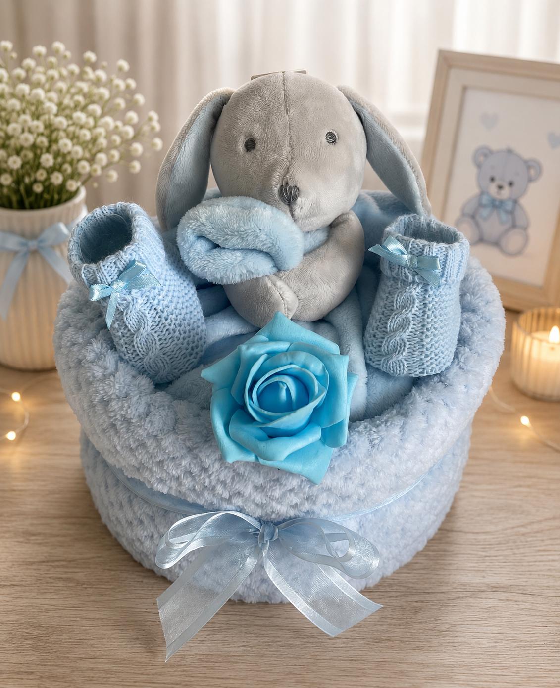 Bunny Nappy Cake, Baby Shower Gift, Newborn Boy Essentials, Comforter, Blanket, Bootees
