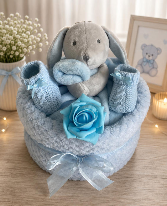 Bunny Nappy Cake, Baby Shower Gift, Newborn Boy Essentials, Comforter, Blanket, Bootees